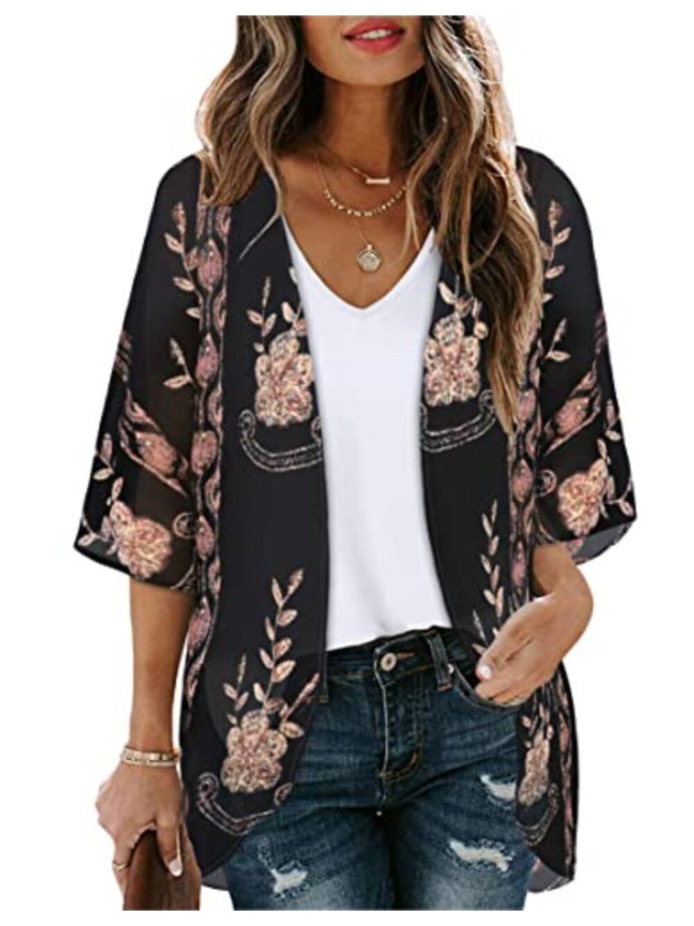 Women's Chiffon Floral Kimono Cardigan Beach Coverup Swimwear Sheer Shrug